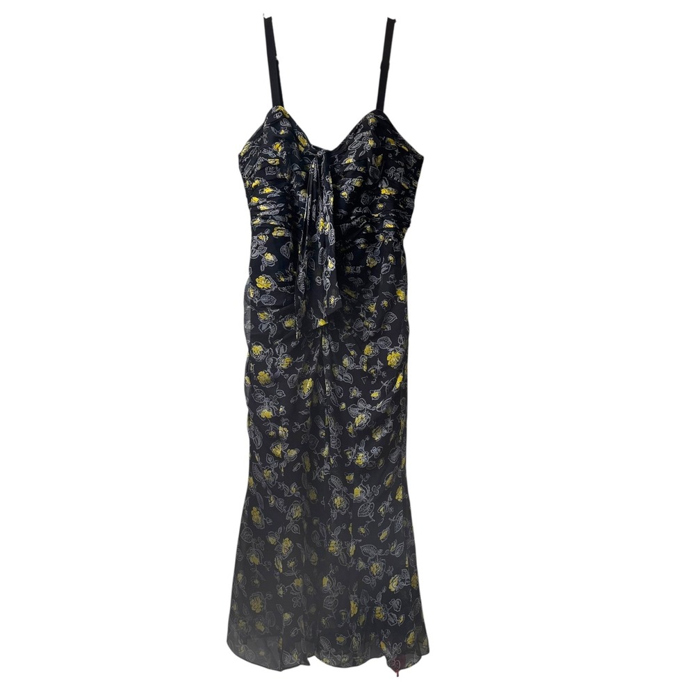 Cinq a Sept Dress 8 Medium Margot Silk Black Yellow Floral Ruched‎ Sleeveless